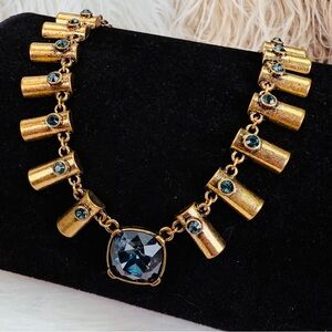 Vintage art deco, brass tone, blue stone brutalist adjustable necklace